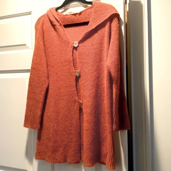 Soft Surroundings Coral Pink Cardigan Sweater Comfy Stretchy Hood Small Petite - Picture 1 of 6